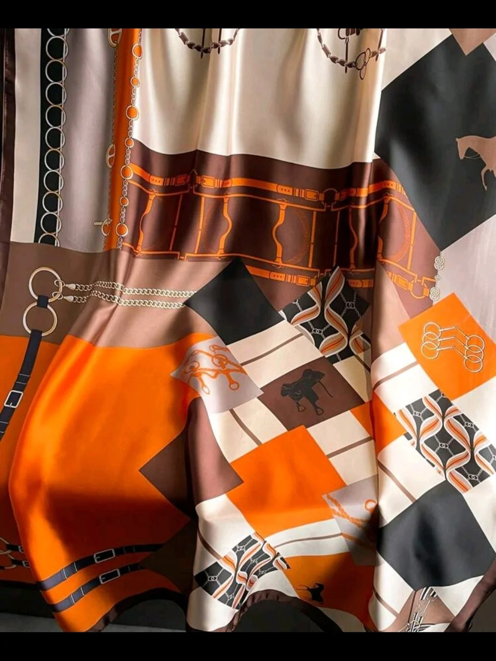 Silk-Feel Orange & Brown Patterned Women's Scarf 70.9
